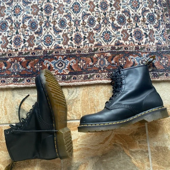 Dr. Martens Black Leather Boots with Yellow Stitching - Picture 2 of 6